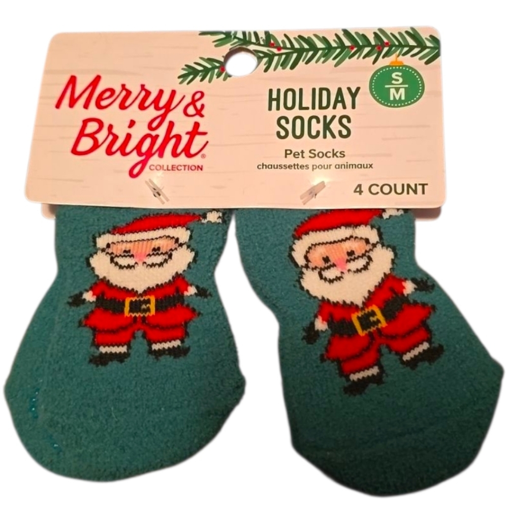 Holiday Pet Socks - Green with Santa Design S/M Nwt